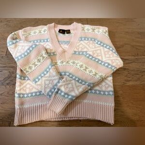 Vintage LizSport Pastel Fair Isle 100% Cotton Knit Sweater Grandpa Style Size L